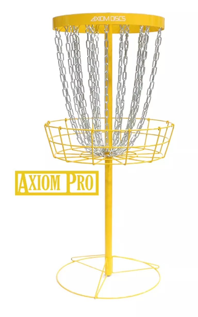 2a13d276 a166 5fef b8aa 86a0f32410a3 The Axiom Pro Basket brings inescapable visibility to the design and quality known from the MVP Black Hole Pro! The Axiom Pro Basket comes in six vibrant colors: White, Yellow, Red, Orange, Light Blue, and Lime. The tough powder-coated coloring covers the basket head to toe, everything but the chains. Specs are identical to the MVP Black Hole Pro: Electrophoresed first stage followed with tough powder coated outer shell for extra durability and protection 24 high visibility zinc coated heavy duty course weighted chains 12 outer and 12 inner chains equidistantly oriented for zero weak pockets - reducing cut throughs and pole bounces Built to standard PDGA height and size regulation Sturdy all metal construction, all joints welded Uniquely engineered design - assembles or disassembles in under 1 minute Compact easily transportable disassembled unit Threaded tension connections for a sturdy assembly without any distracting wobble or play Standard load distributed base 2