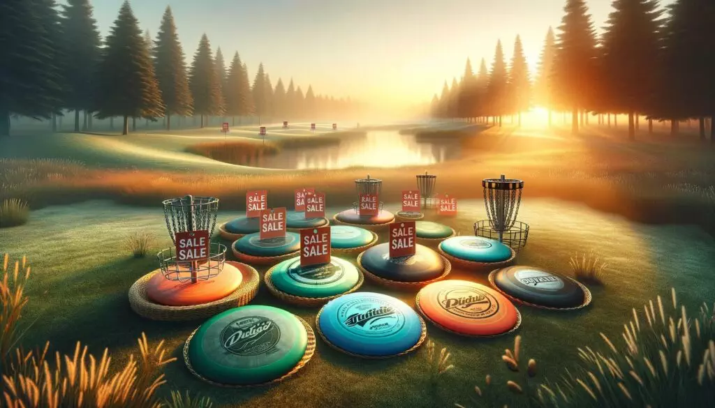 Banner showing disc golf discs and baskets with for sale tags.