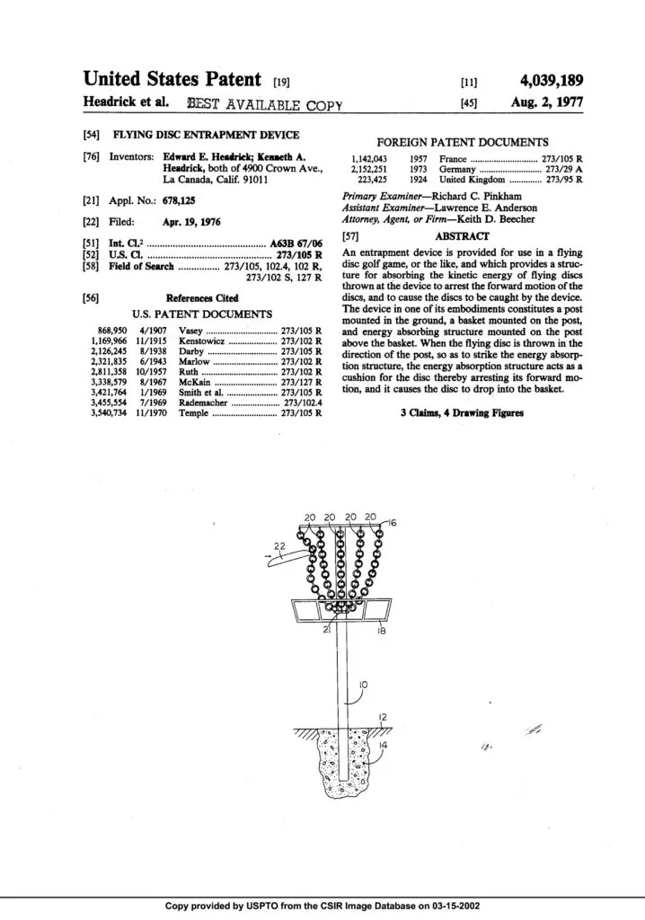 The Evolution of Disc Golf Equipment, patent of first disc golf basket