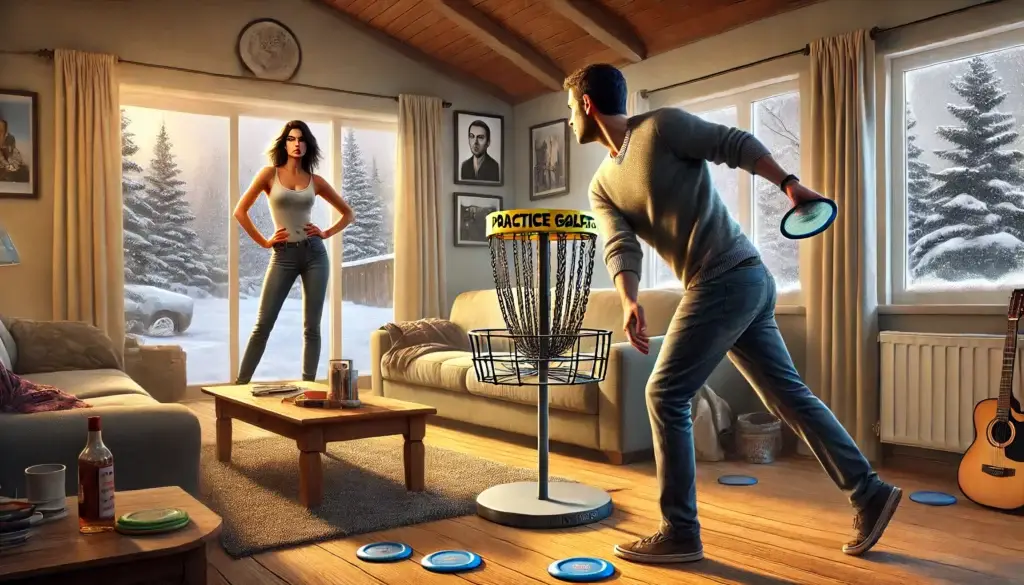 Scene of man practicing disc golf in the winter in his living room