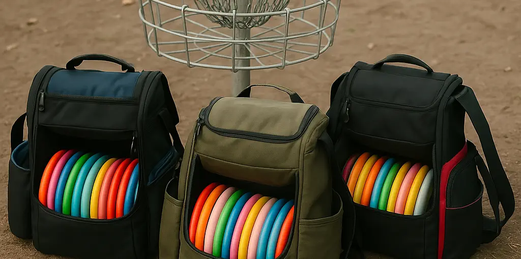 disc golf bags by a basket