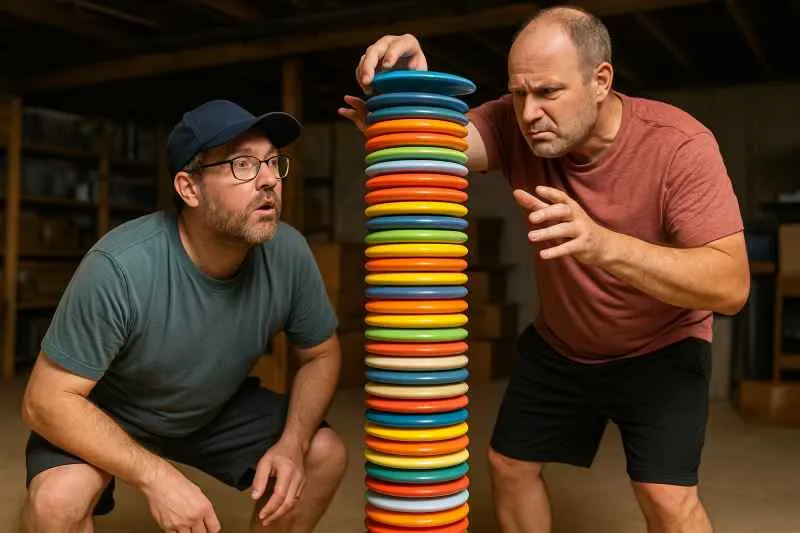 Two disc golfers trying to win the DDG disc stacking contest