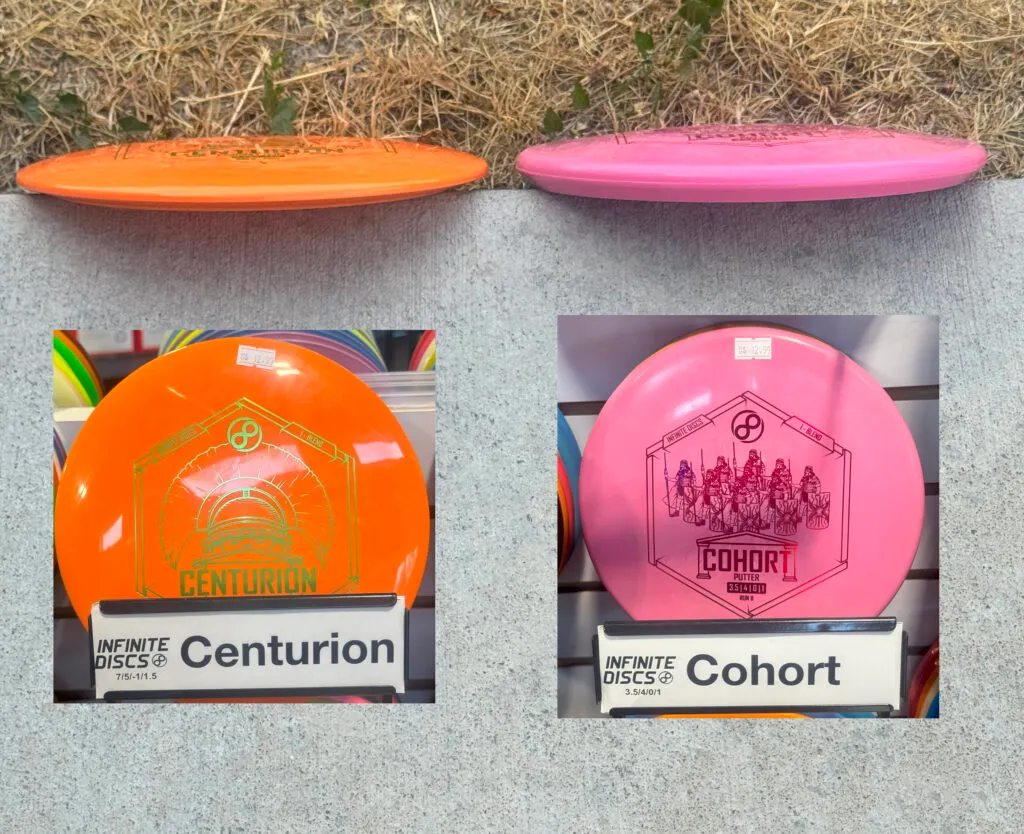 The profiles of an Infintie Discs Centurion fairway driver, and an Infinite Discs Cohort midrange
