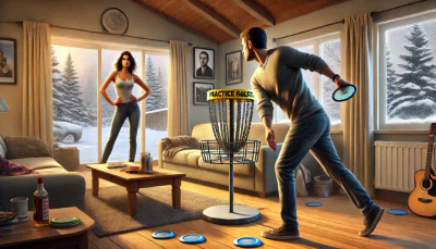 Scene of man practicing disc golf in the winter in his living room