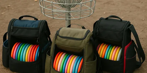 disc golf bags by a basket