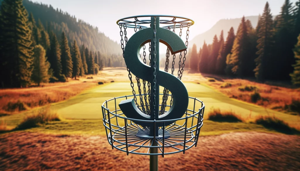 Disc golf basket with a dollar symbal in it for your disc golf outlest store